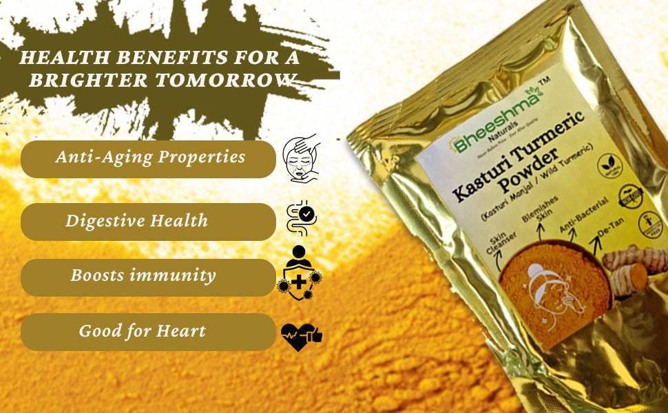Turmeric powder pouch with golden powder and health-benefit icons