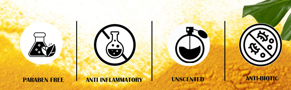Turmeric powder icons: paraben free, anti-inflammatory, unscented, anti-biotic