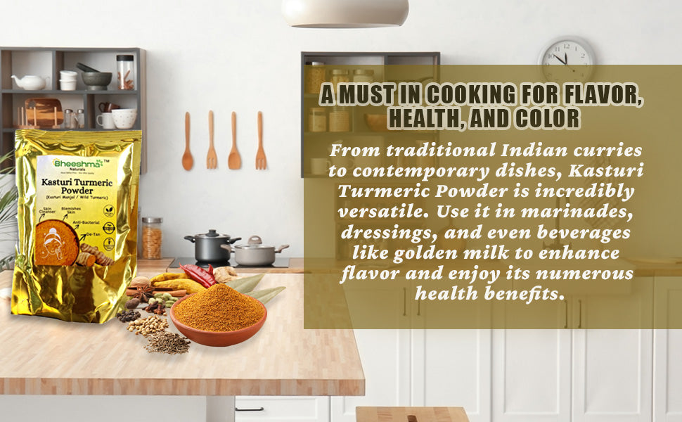 Turmeric powder pouch with small bowl of golden spice on kitchen counter
