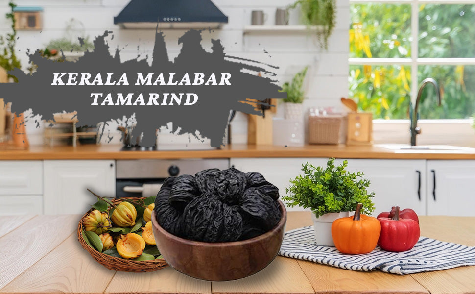 Dried dark tamarind fruits in a wooden bowl on a kitchen counter