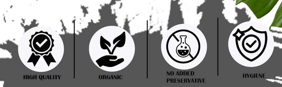 Set of four circular badges: quality, organic, no preservatives, hygiene