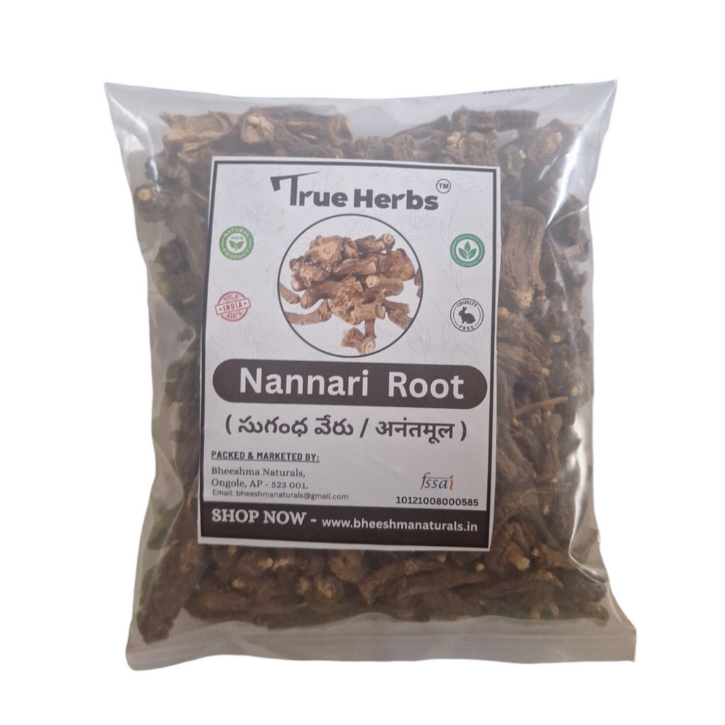 Nannari root herbal pouch with True Herbs label, dried pieces inside