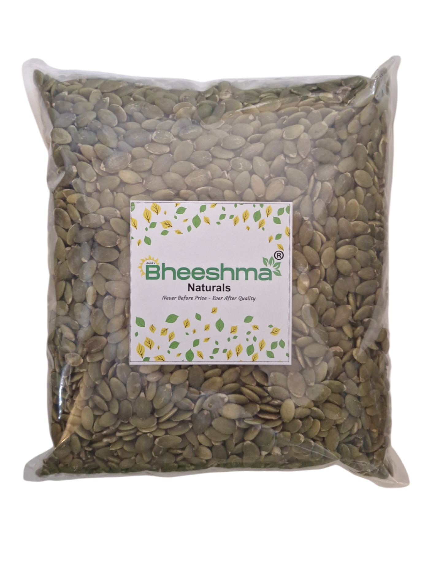 Packaged pumpkin seed kernels in clear bag with Bheeshma Naturals label