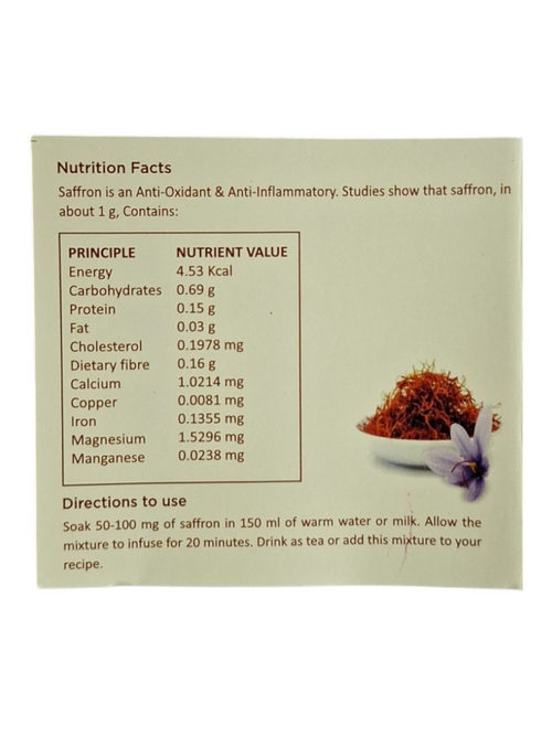 Saffron nutrition facts panel with spice photo and crocus flower illustration