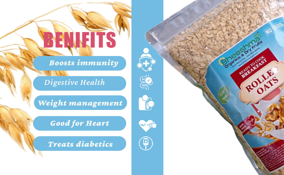 Rolled oats pouch angled view with oat grains visible nearby