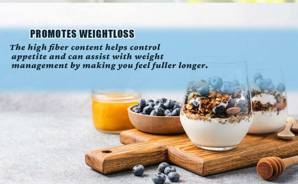 Rolled oats served in bowls with blueberries and a wooden scoop