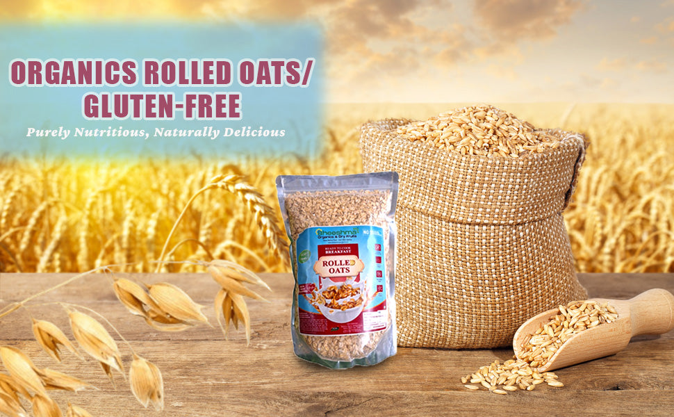 Rolled oats gluten-free pack with oat grains, wheat stalks, and a grain sack