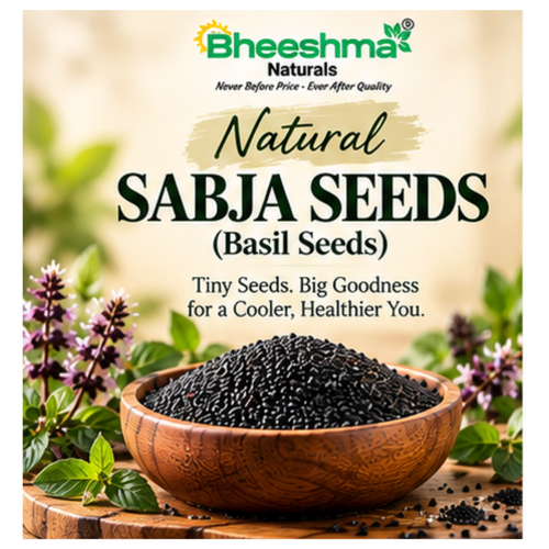 Basil seeds (sabja) in a wooden bowl, small dark black seeds