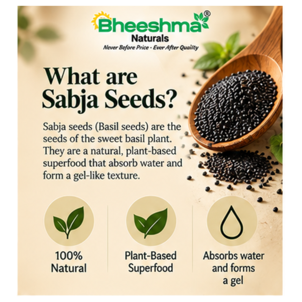 Basil seeds (sabja) in a wooden spoon, dark black seeds