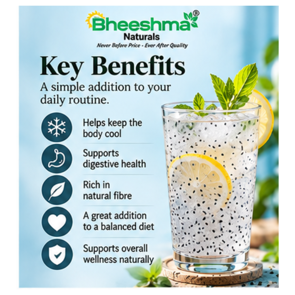 Sabja drink with soaked basil seeds, dark specks in clear water gel