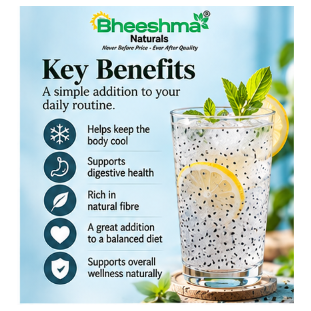 Sabja drink with soaked basil seeds, dark specks in clear water gel