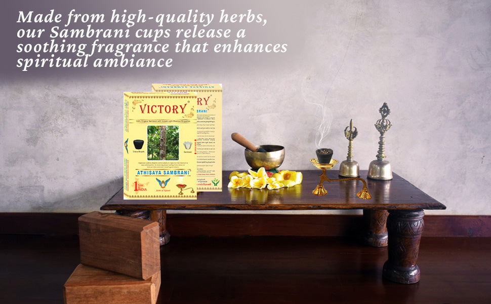 Incense cup package on a table with brass burner and small decorative bowls