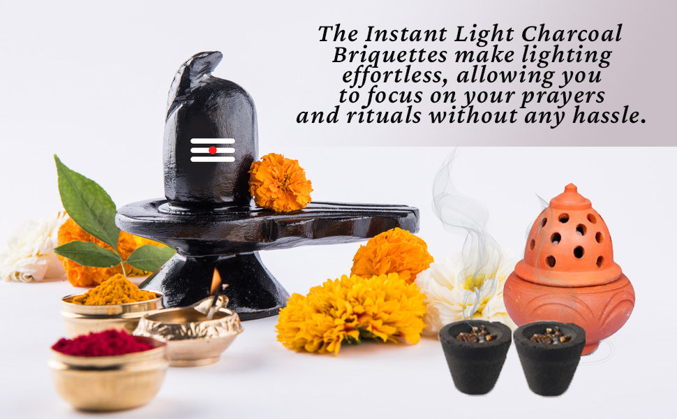 Instant light charcoal briquettes with incense tools and small clay cups set