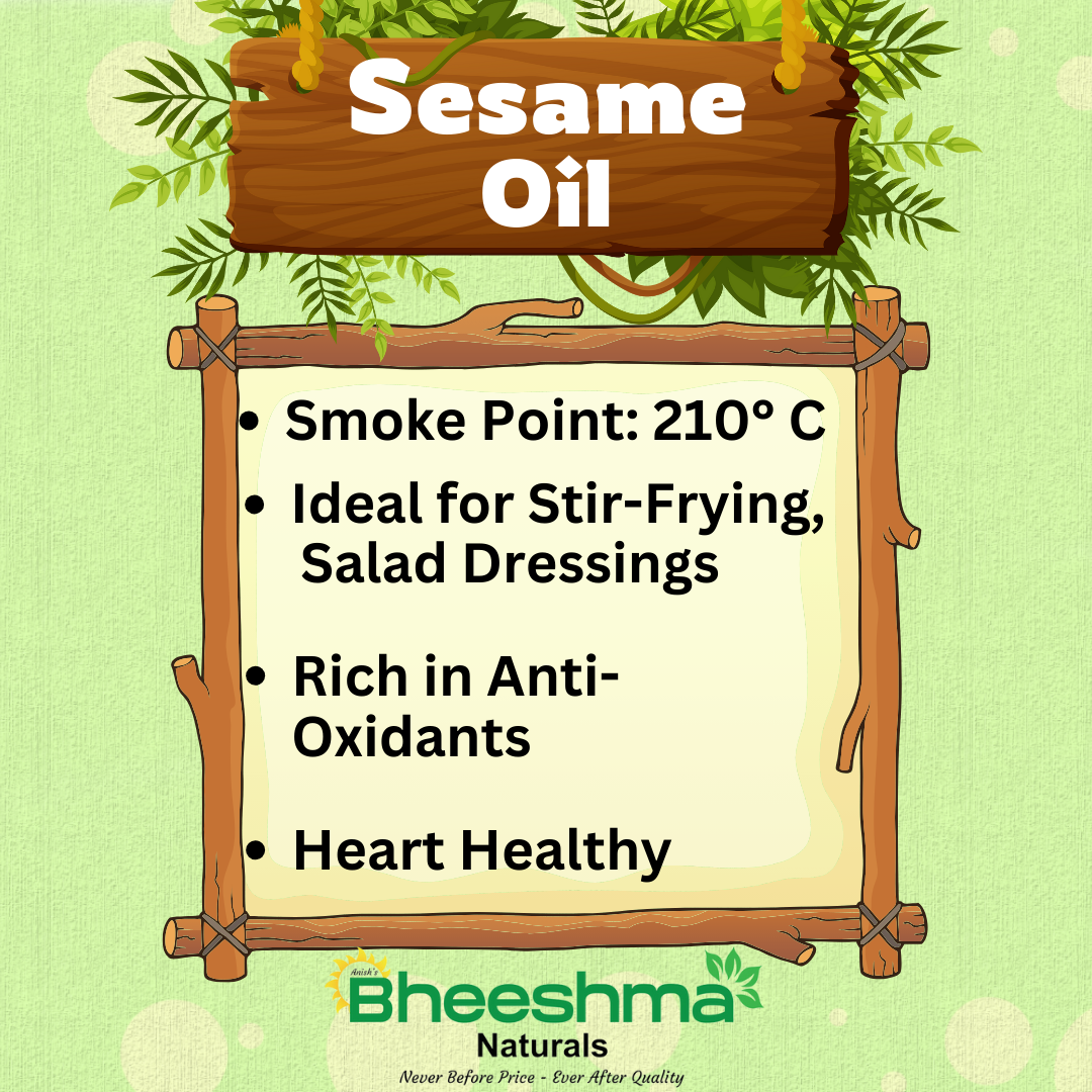 Sesame oil label: smoke point 210°C; stir-fry, salad dressings; rich in antioxidants
