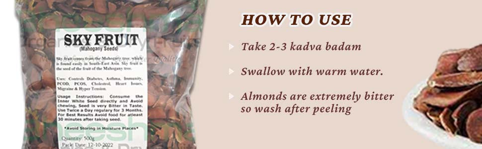Kadwa badam bag with sliced brown almonds next to it