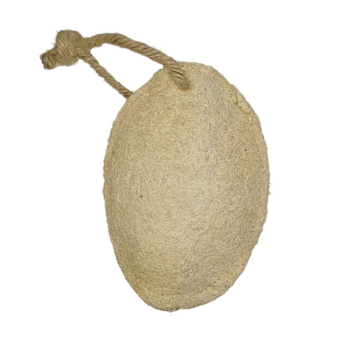 Oval loofah bath scrubber with hanging loop, beige tan, rough textured surface