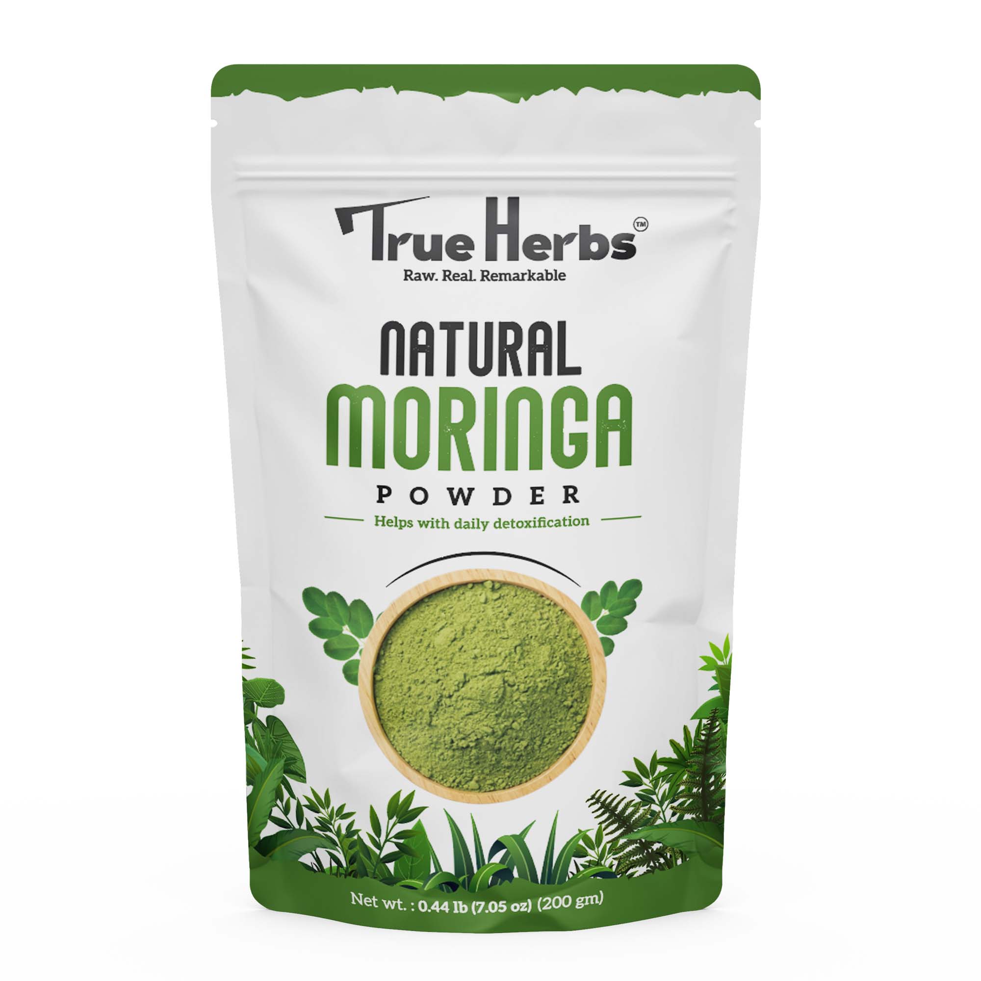 True Herbs Natural Moringa pouch, green powder shown in circular window