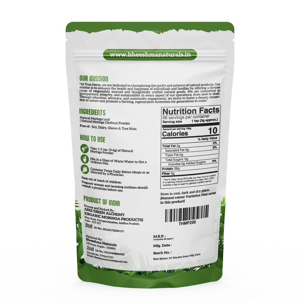 True Herbs moringa powder pouch back with nutrition facts and usage directions