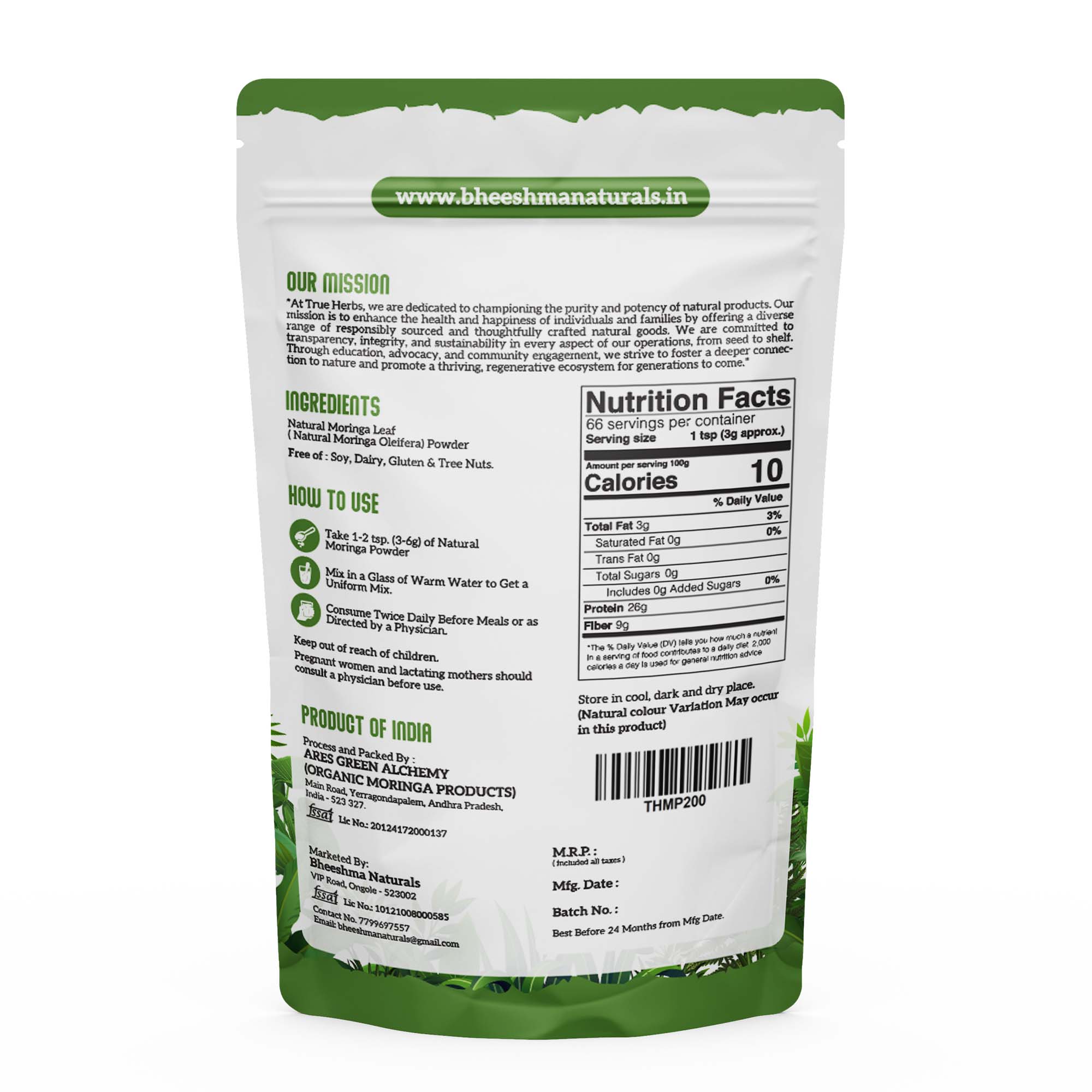 True Herbs moringa powder pouch back with nutrition facts and usage directions