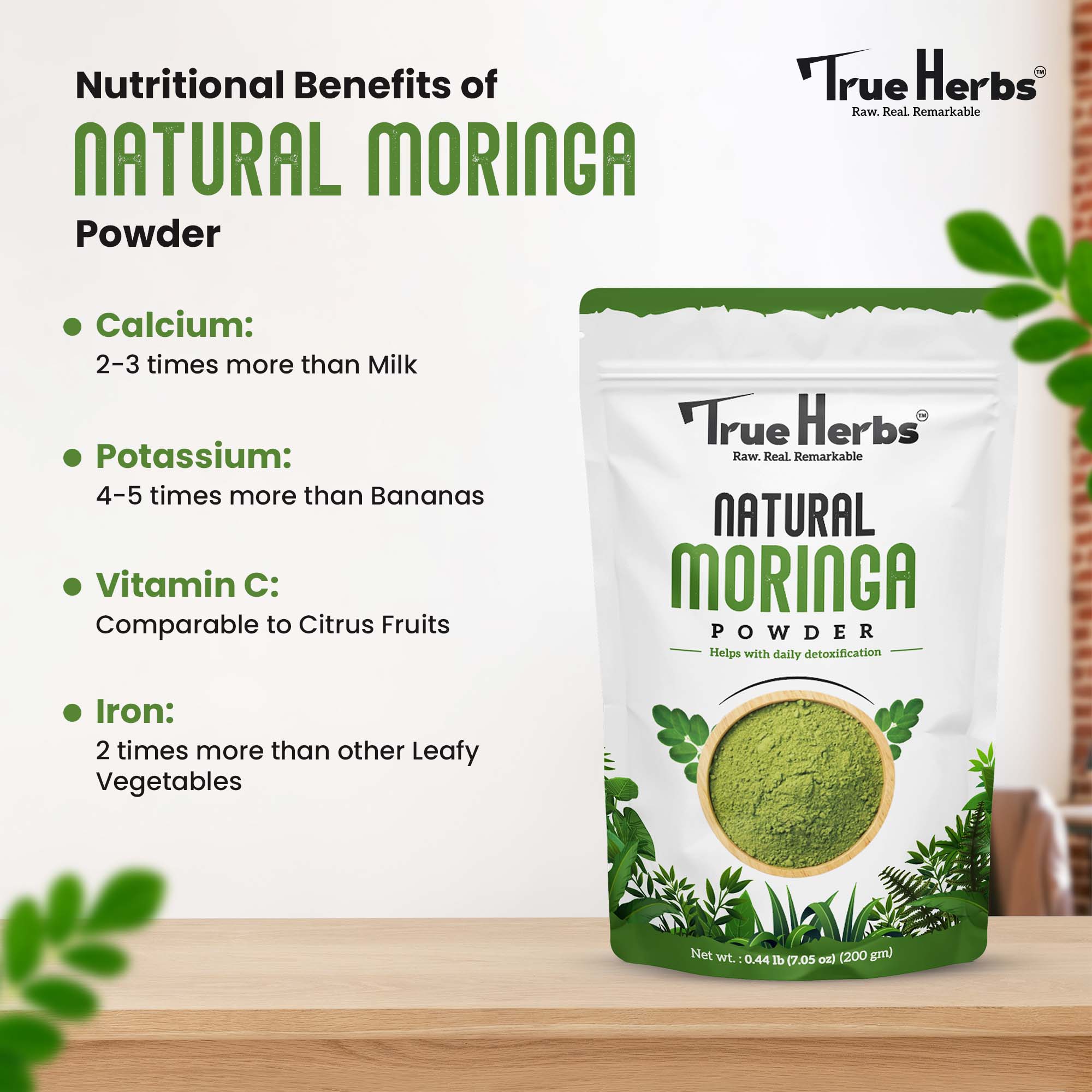 True Herbs Natural Moringa pouch with nutritional benefits list on banner