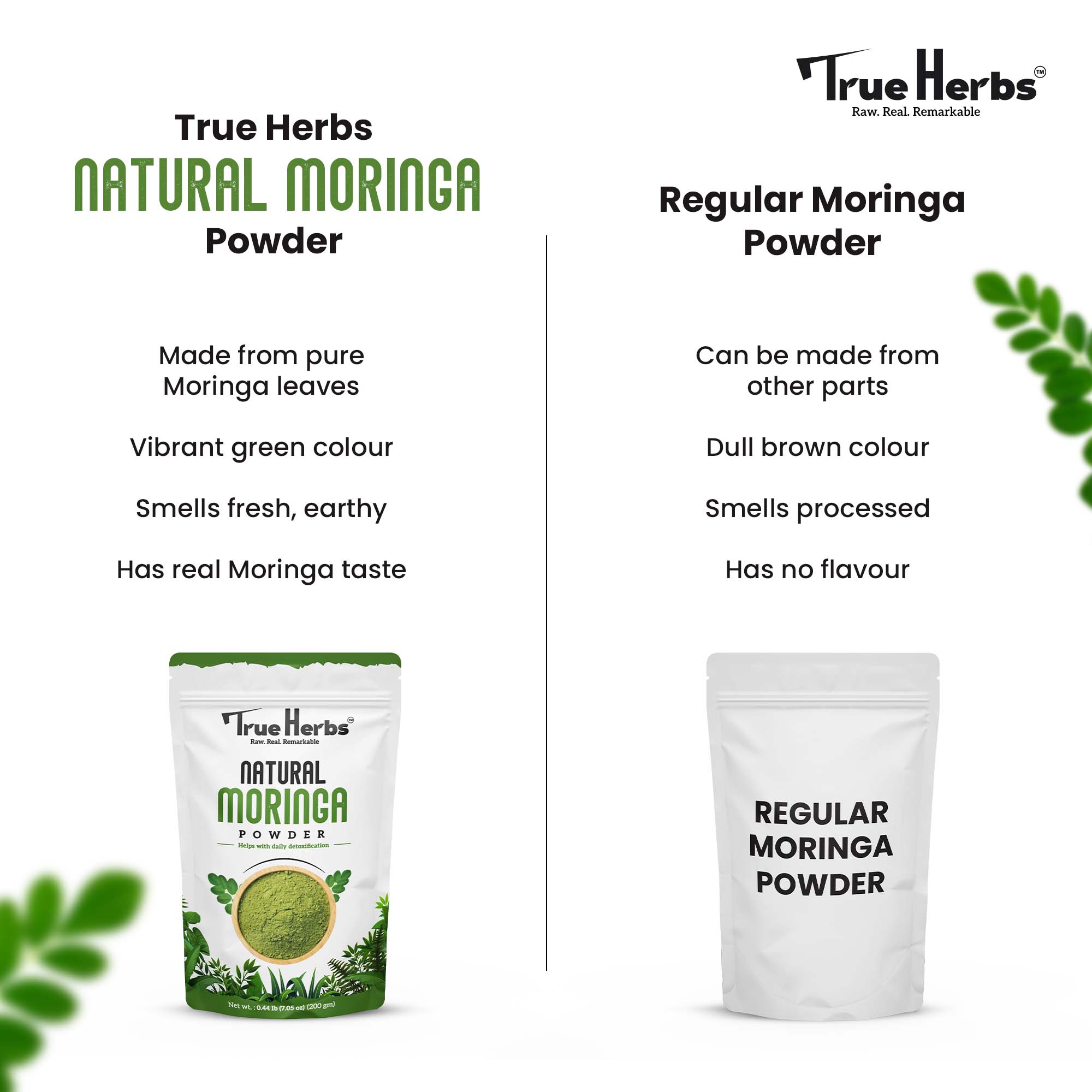 Two True Herbs moringa pouches, natural and regular versions on comparison card