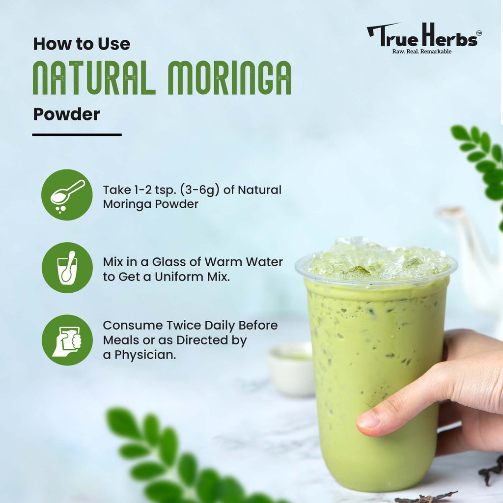 Natural moringa powder how-to panel with spoon and glass of green drink