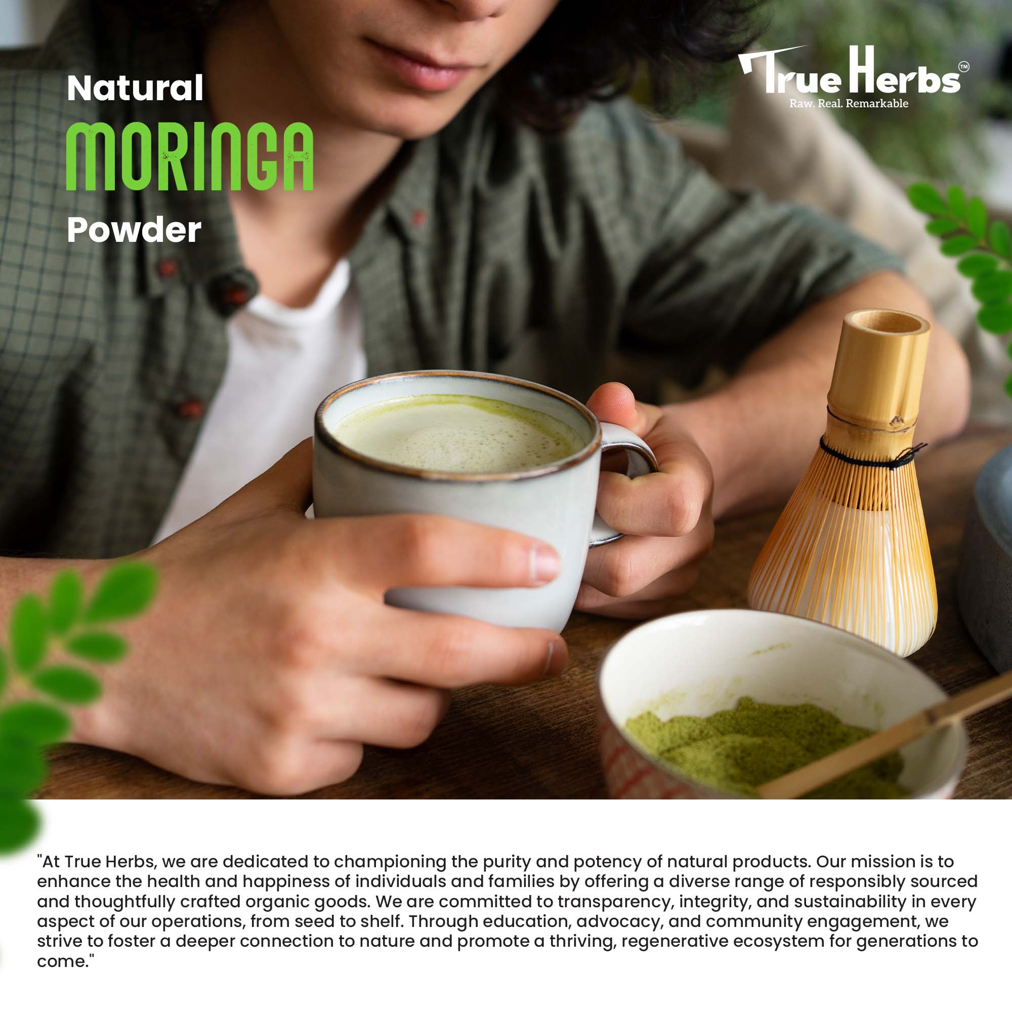 True Herbs moringa powder in cup, spoon and small bottle on table