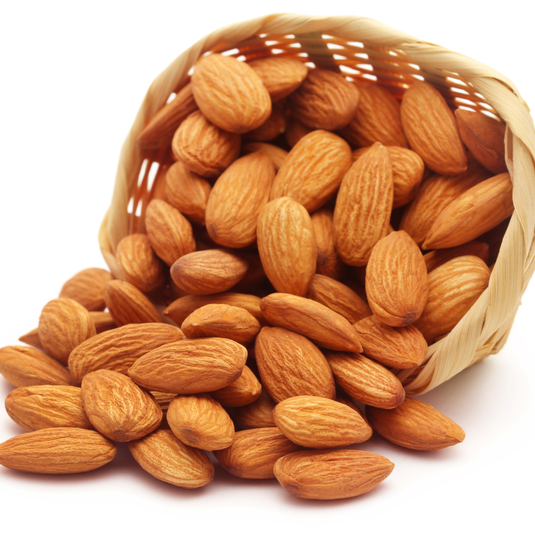 Almonds in woven basket, bold California almonds