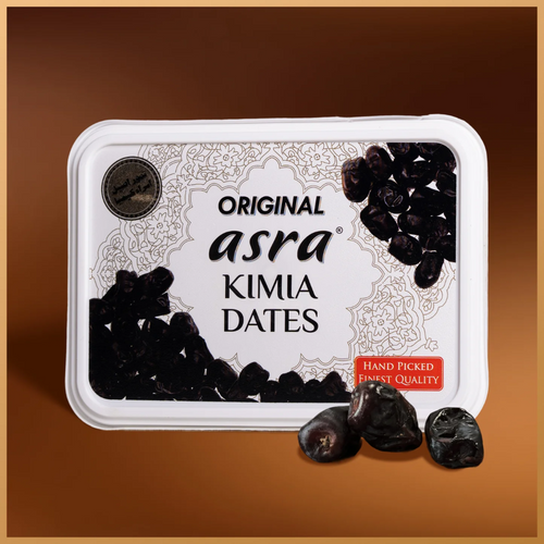 Asra Kimia dates plastic tub with dark dates scattered on the lid