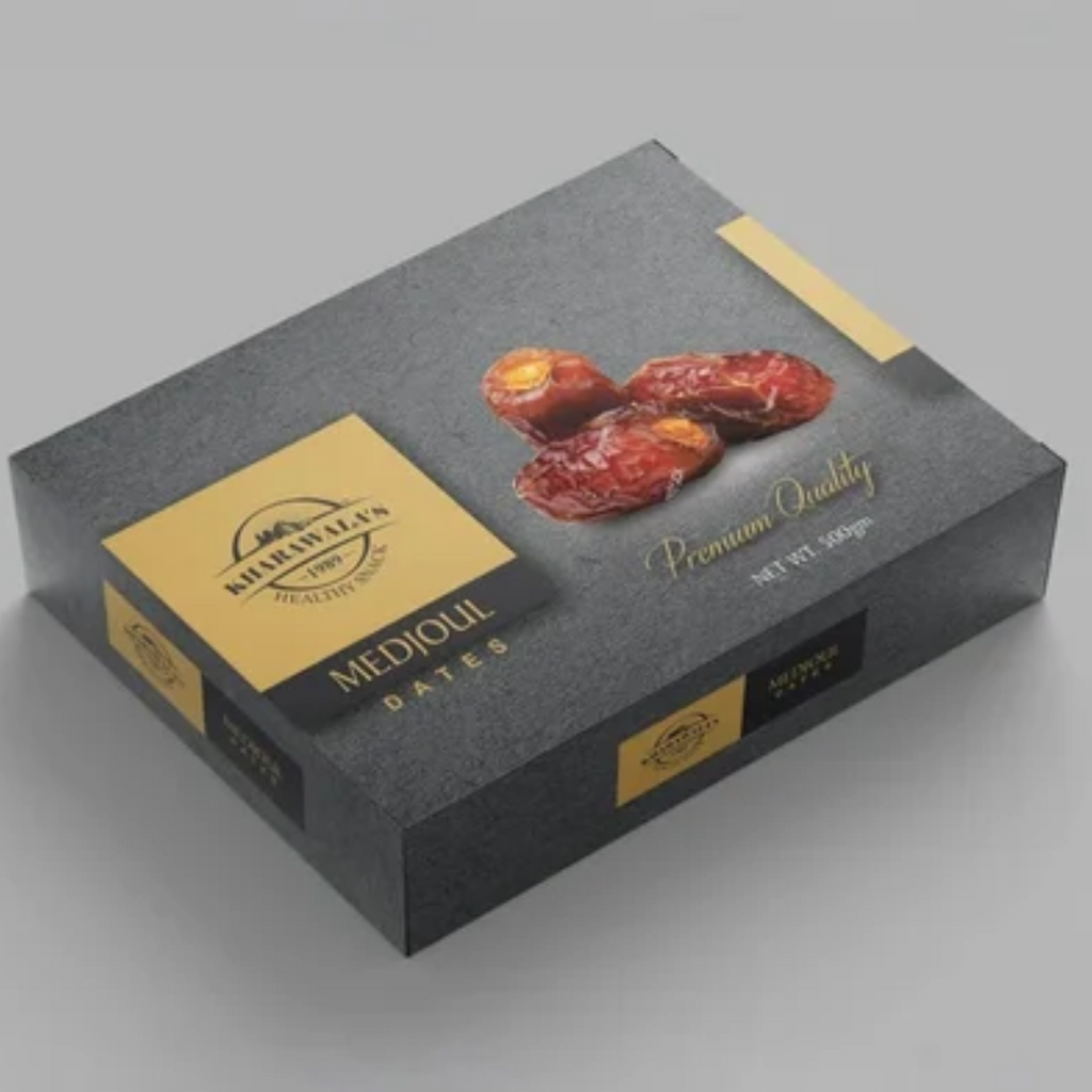 Jumbo Medjool dates gift box with gold branding and date photo, 500g