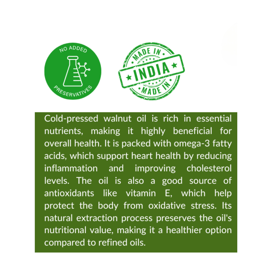 Cold-pressed walnut oil information panel with green text on nutrients and health benefits.