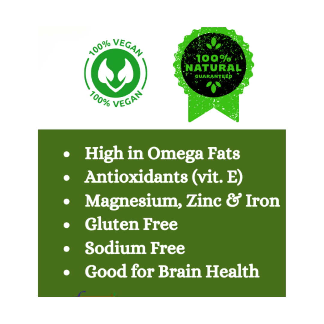 Walnut oil benefits list panel: omega fats, antioxidants, minerals, gluten-free, sodium-free.