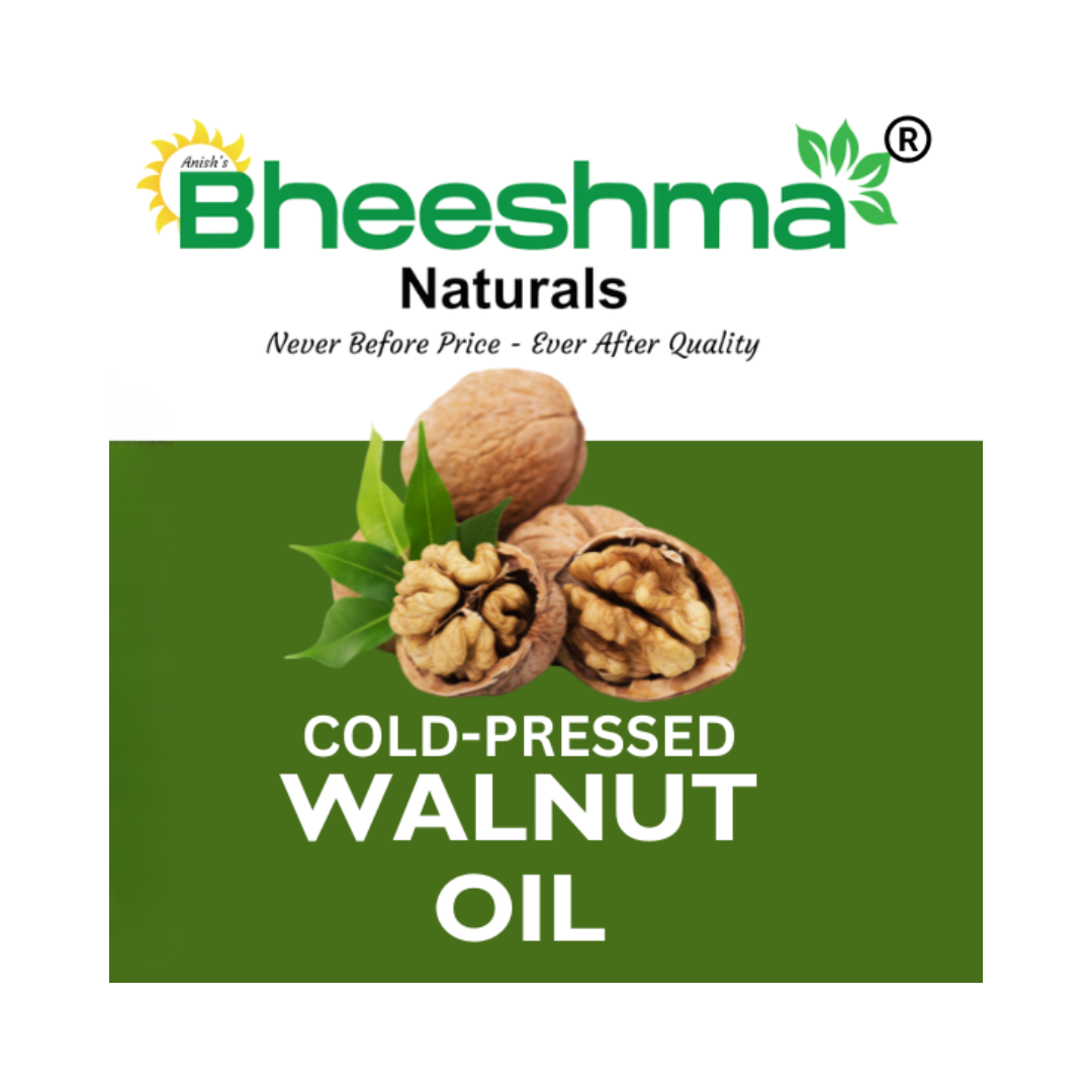 Bheeshnma Naturals cold-pressed walnut oil label with walnuts and green branding panel.