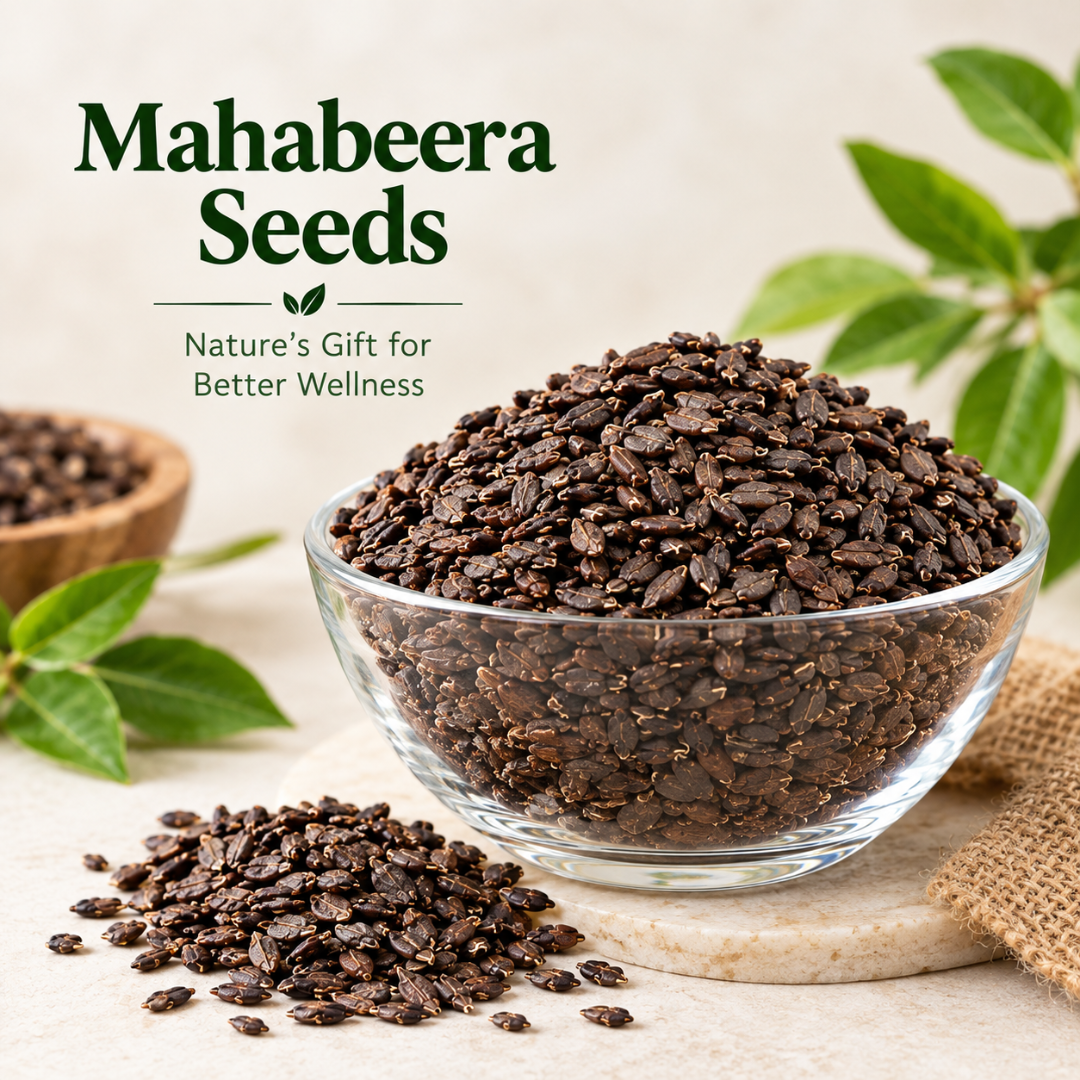 Mahabeera seeds in a glass bowl with scattered seeds and green leaves