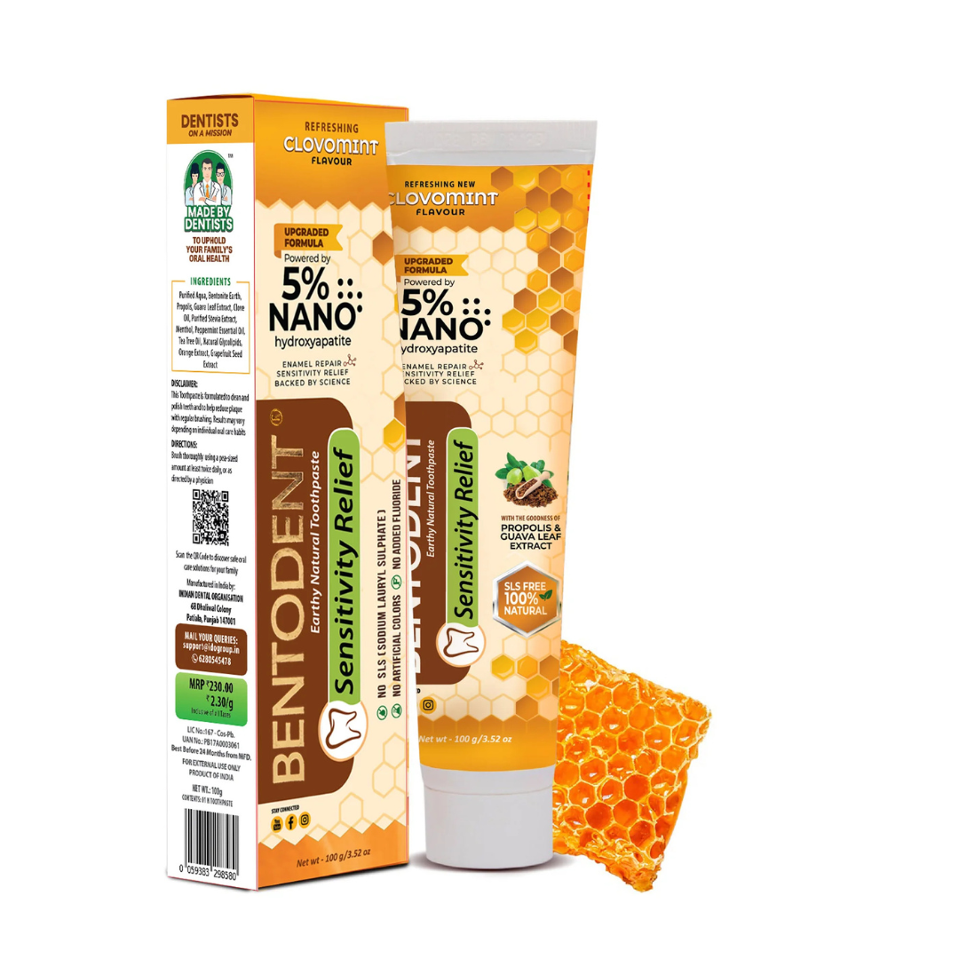 Bentodent Desensitizer toothpaste box and tube with honeycomb texture, 5% nano