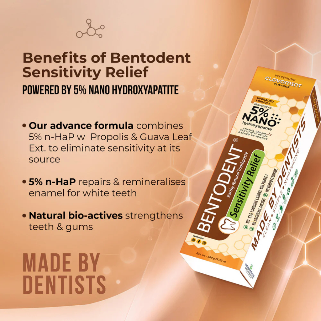 Bentodent Desensitizer sensitivity relief toothpaste box with matching tube, 5% nano