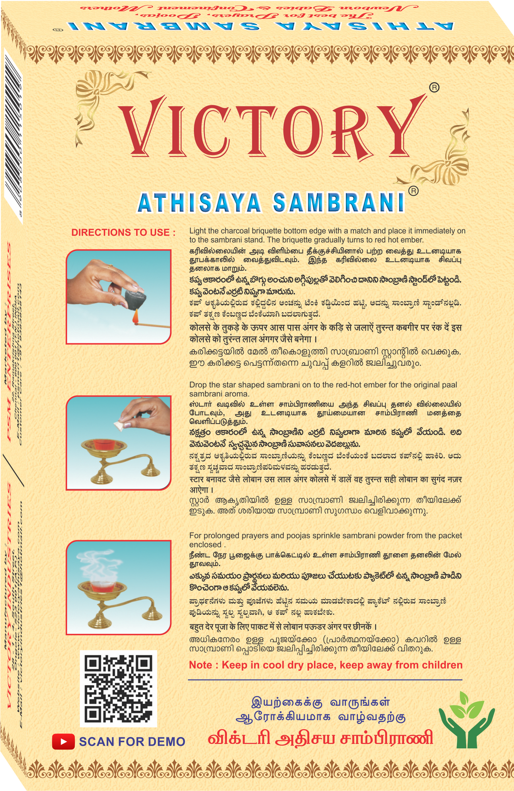 Incense cup product box with directions and diagram panels for use
