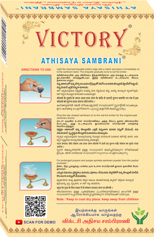 Incense cup product box with directions and diagram panels for use