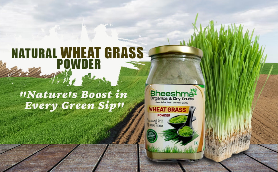 Wheat grass powder jar with wheat grass blades and straw on outdoor tabletop.