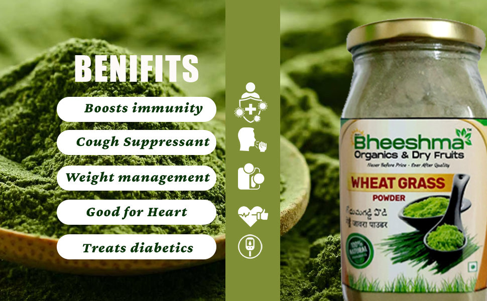 Wheat grass powder jar with green wheat grass label and sealed lid.