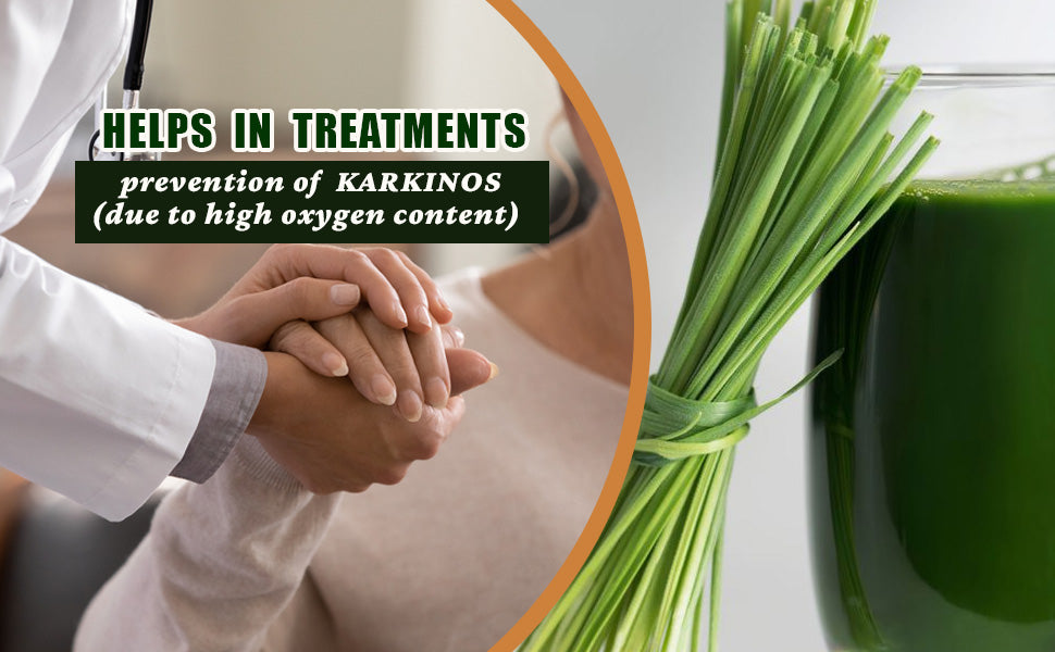 Wheat grass powder health graphic with wheat grass stems and clasped hands.