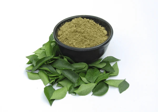 Curry leaf powder in a bowl with fresh green curry leaves on the side