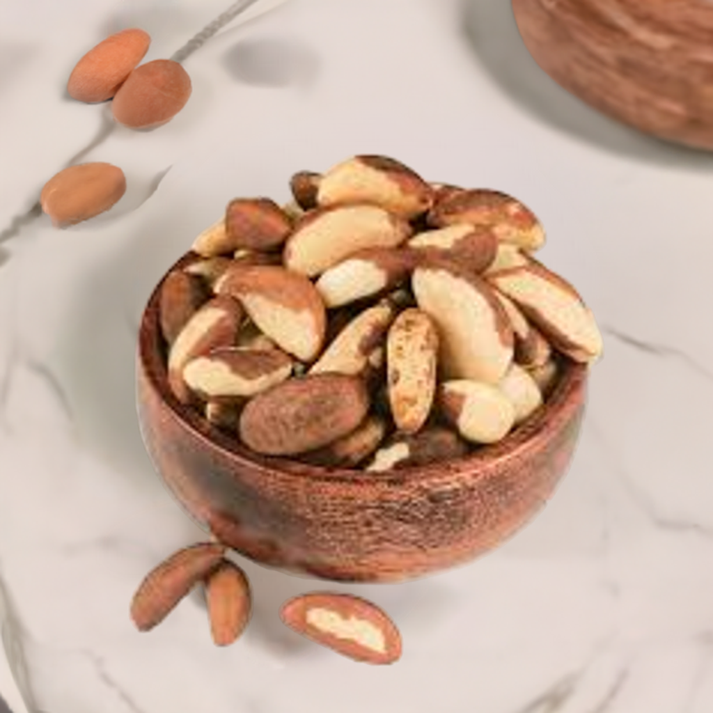 Whole and halved nuts in a wooden bowl, tan and brown kernels