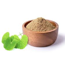 Brahmi powder in a small terracotta bowl with green leaves beside it