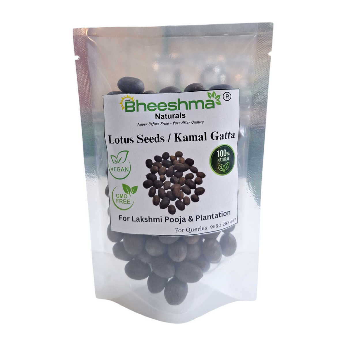 Lotus seed pack pouch with black seeds, Bheesham Naturals branding