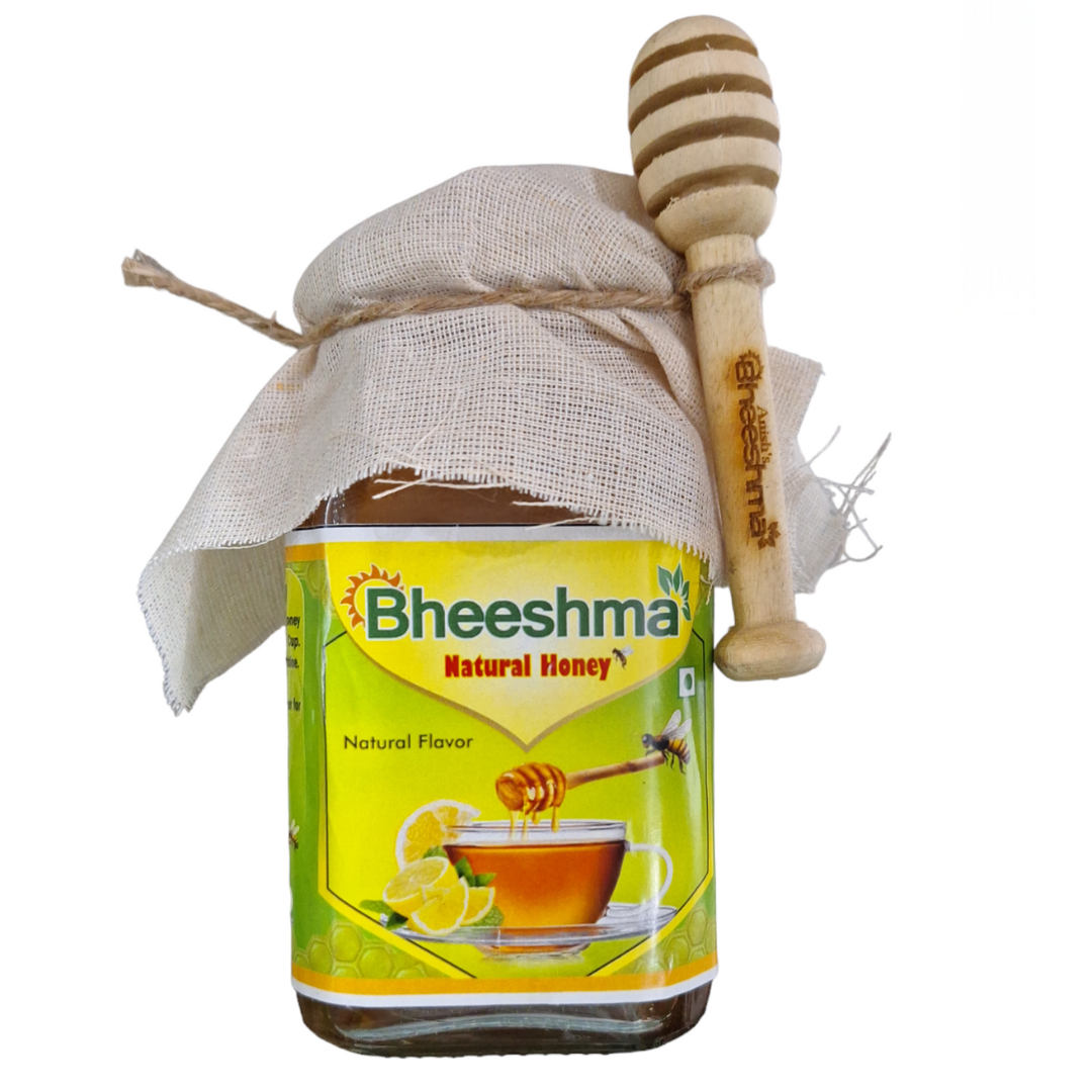 Bheesham Natural Honey jar with wooden honey dipper and cloth wrap