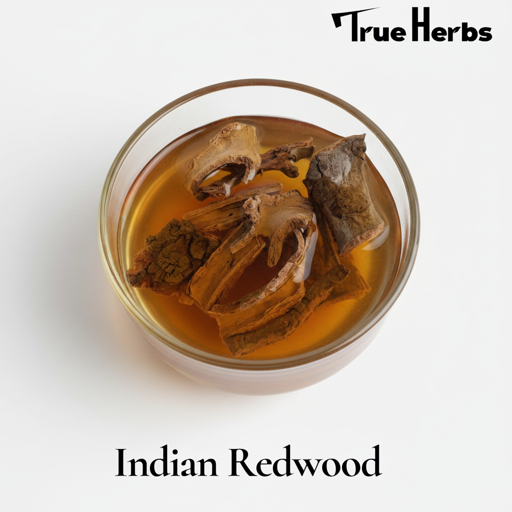 Indian Redwood bark pieces steeped in amber herbal tea in a small bowl