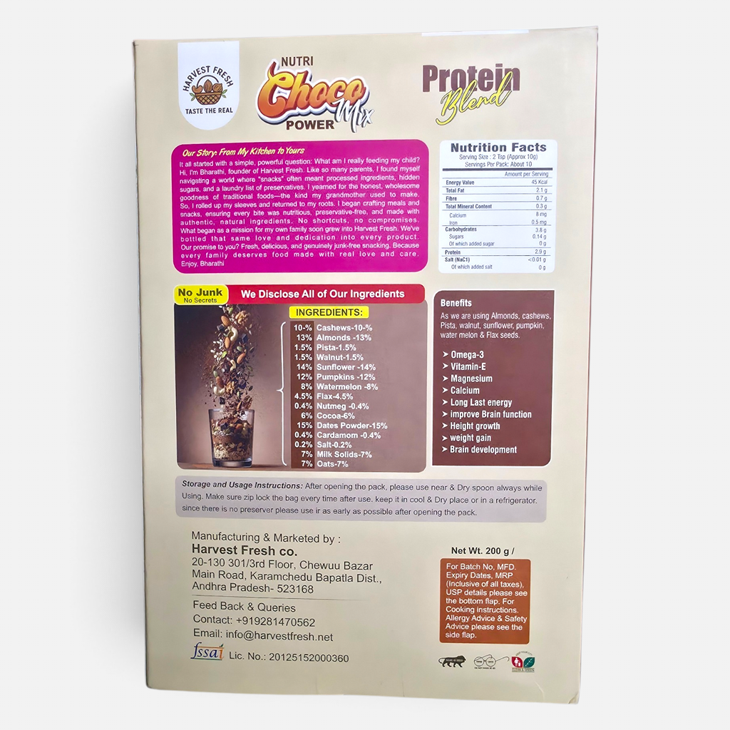 Back of chocolate nut & seed protein blend powder pouch with nutrition facts
