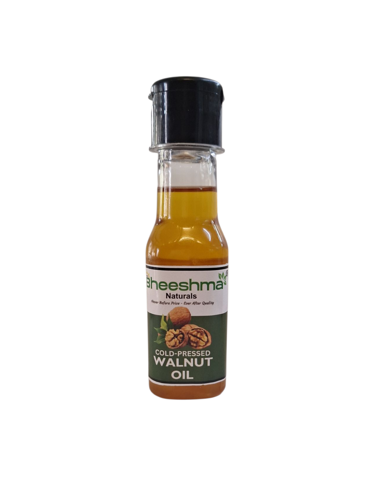 Cold-pressed walnut oil bottle with amber liquid and dark cap, green product label.
