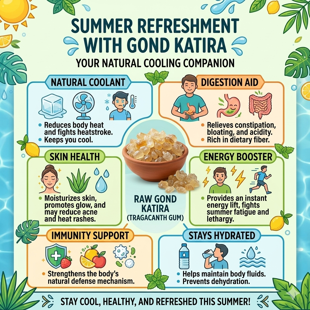 Summer refresher infographic featuring a bowl of translucent amber gond katira crystals